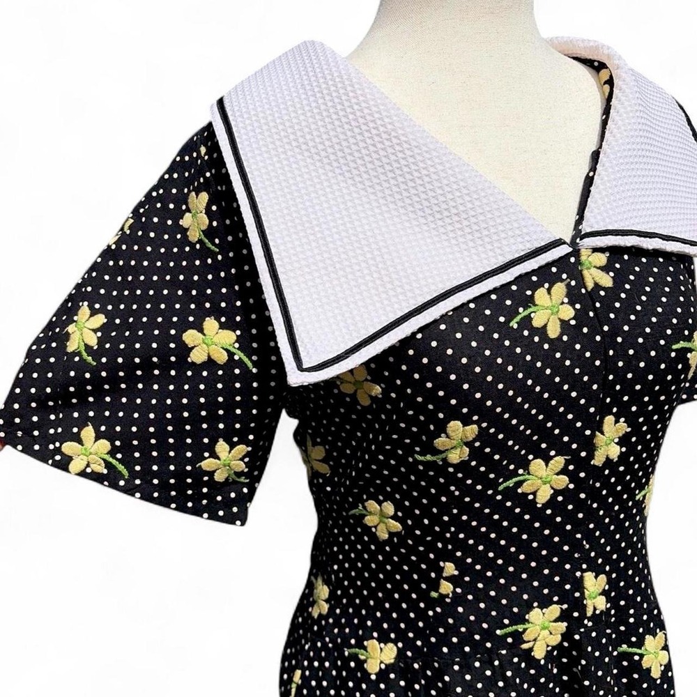 Vintage 80s Floral Embroidered Collar Sailor Dress - Picture 4 of 8